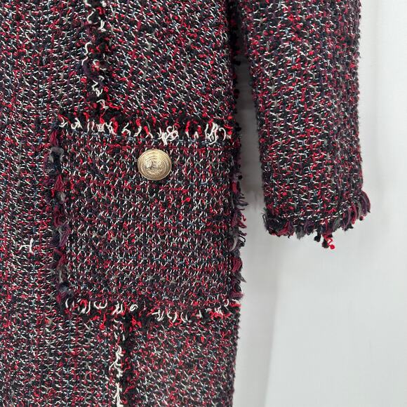 ZARA Long Tweed Jacket Open Front Fringe Trim Military Style Coat Blogger Fav - Picture 7 of 11